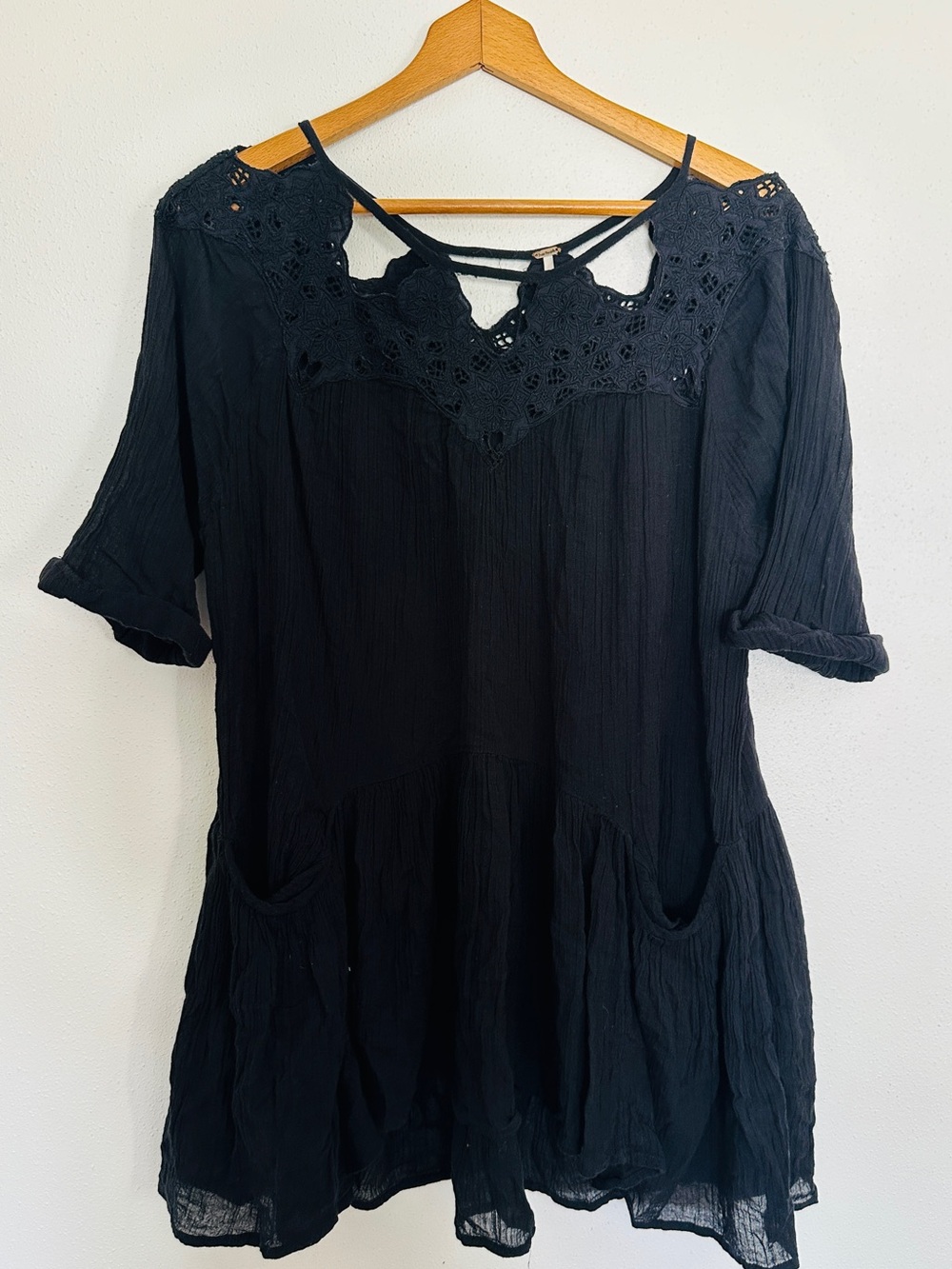 Free People Black Crochet Lace Boho Tunic Mini Dress Small